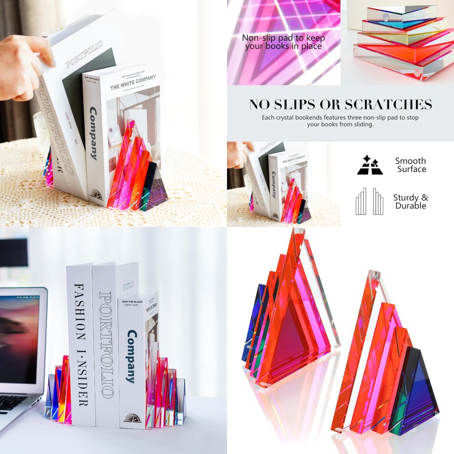 Geometric Shelf Triangle - 1Pair 3Lbs Crystal Bookends for Shelves